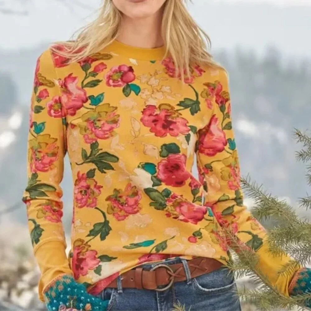 Sundance Floral Melanie Crewneck Top Small Thermal Waffle Knit Velvet Trim Cuff - Picture 1 of 10